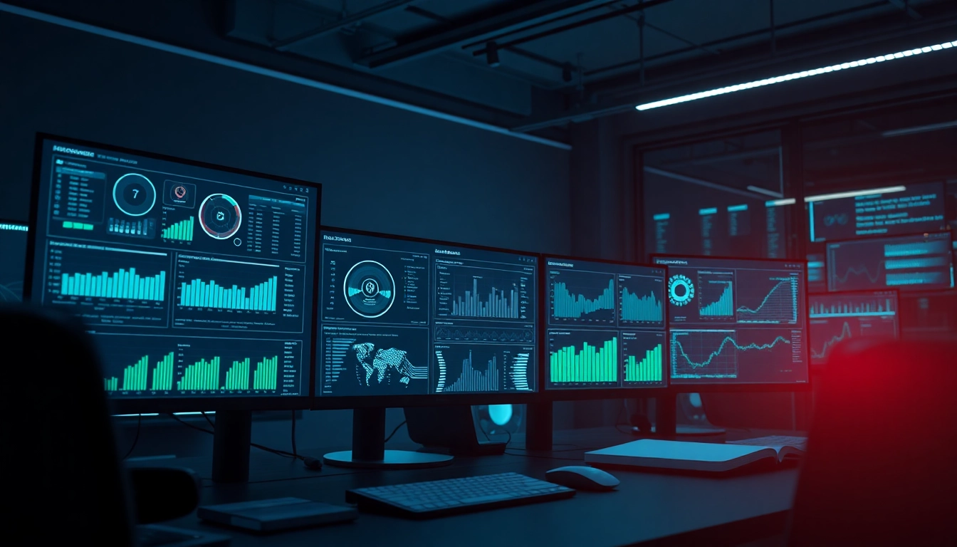 A modern tech workspace showcasing infosec dashboards and analytics in a cybersecurity setting.