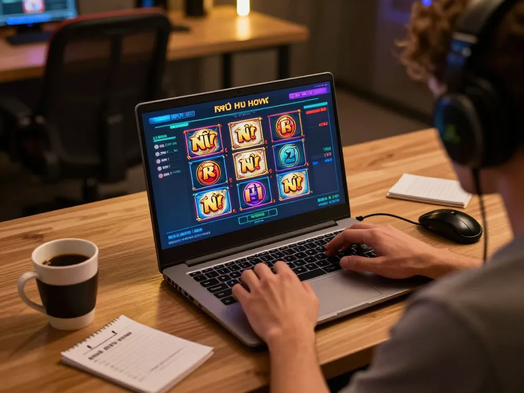 Engaging player spins nổ hũ slot game on laptop, showcasing online gaming excitement.