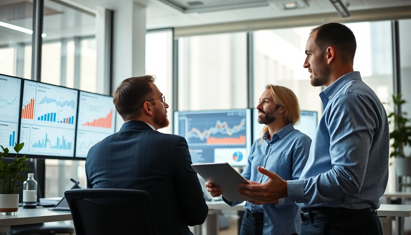 Data analysts evaluating strategies using AI for competitor analysis in a modern office.