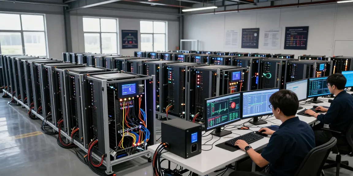 bitcoin mining farm with advanced rigs and monitoring screens showcasing real-time metrics in a secure environment