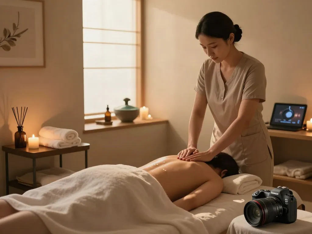 Relaxing moment of 발산출장마사지 in a modern wellness studio with calming decor.