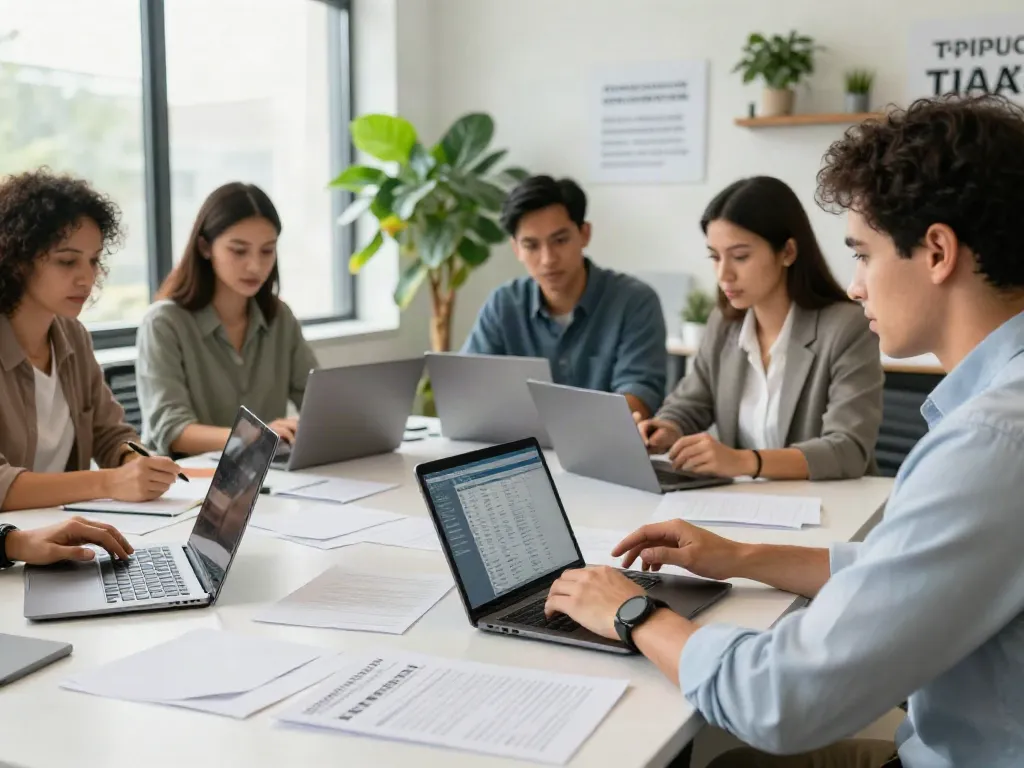 Team of tax professionals using service bureau tax software in a bright office
