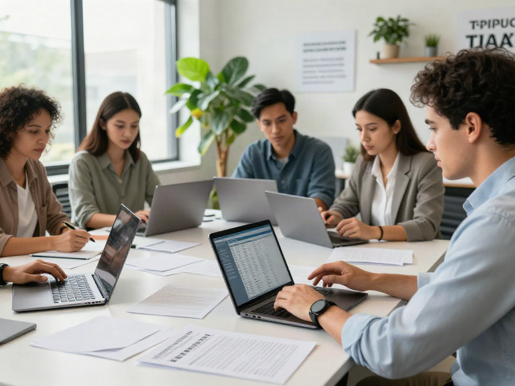 Team of tax professionals using service bureau tax software in a bright office
