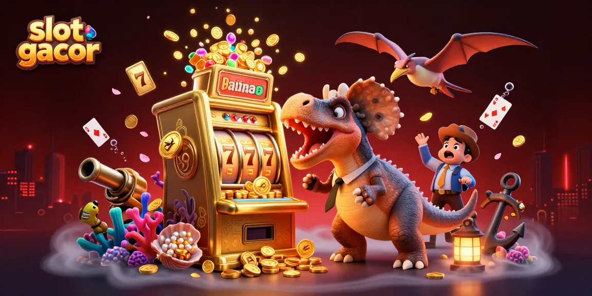 Engage with slot gacor jackpots as a pachycephalosaurus hits a golden slot machine in this vibrant casino scene.