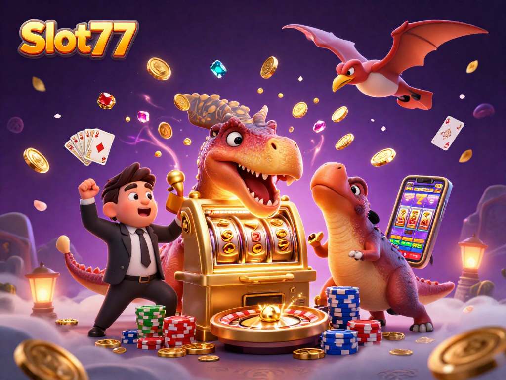 Slot77 menghadirkan ilustrasi mesin slot dengan dino beraksi, koin emas mengalir.
