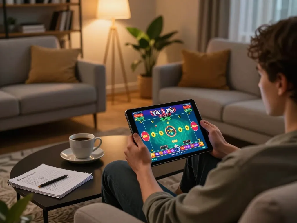 Tài xỉu online uy tín gameplay on tablet, showcasing strategic betting in a cozy home environment.
