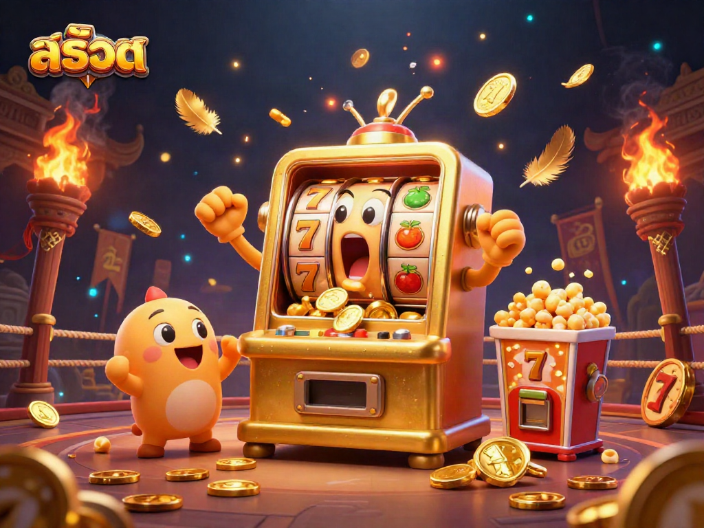 Experience the thrill ofสล็อต as a golden slot machine hits a jackpot, surrounded by cheering companions.