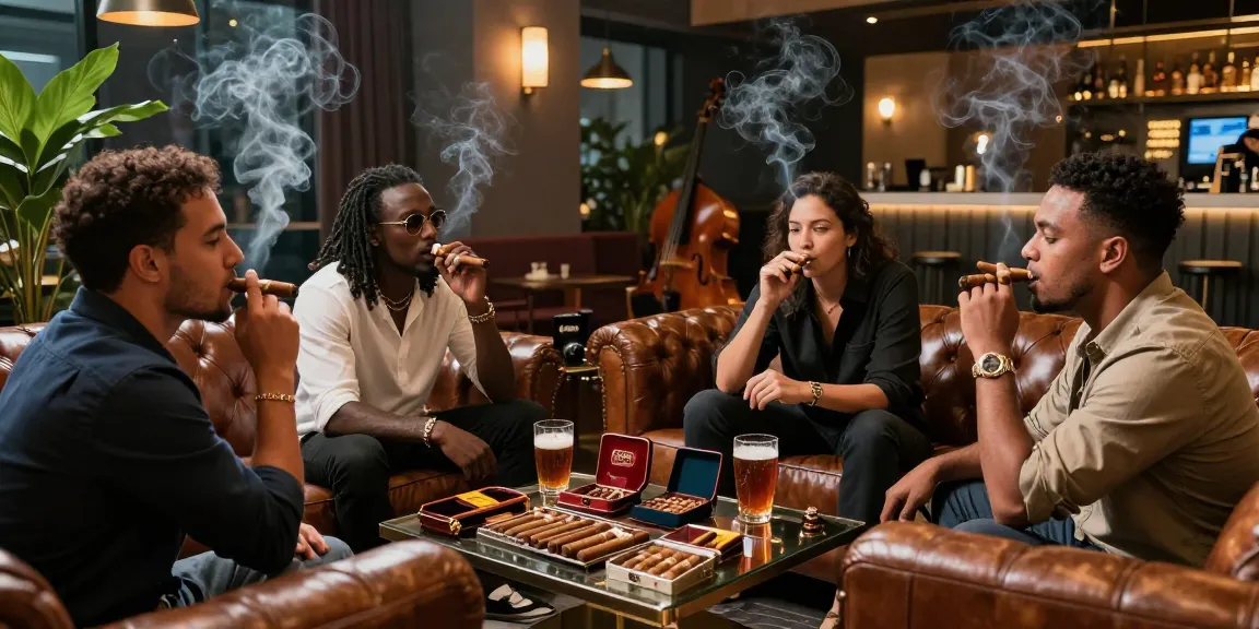 Stylish smoking lounge atmosphere with rokok88 cigars and elegant decor