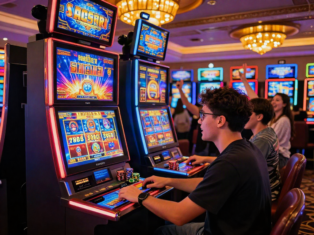 Player enjoying a slot bonus on a vibrant casino machine surrounded by excitement and colorful graphics.