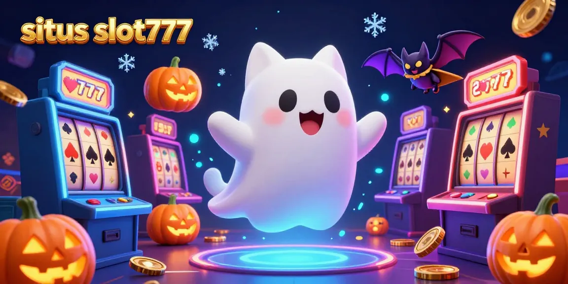 Situs slot777 invites players to enjoy immersive slot experiences amid vibrant casino elements and a playful ghost theme.