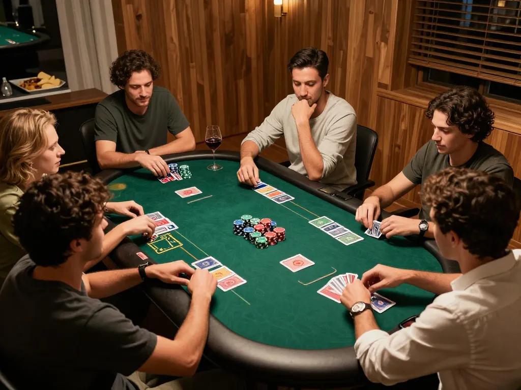 Friends enjoying a home poker night, showcasing strategies and camaraderie in a relatable gaming scene with situs slot gacor.