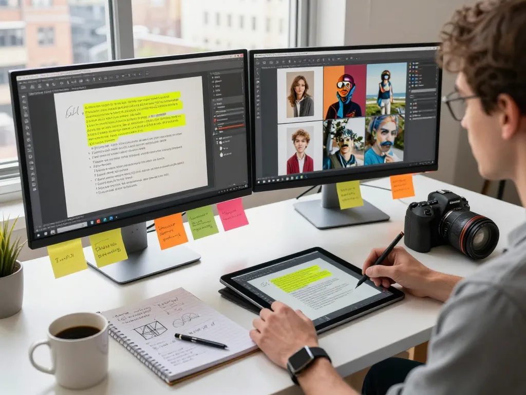 Creative workspace generating image to prompt using advanced technology and inspirational sketches