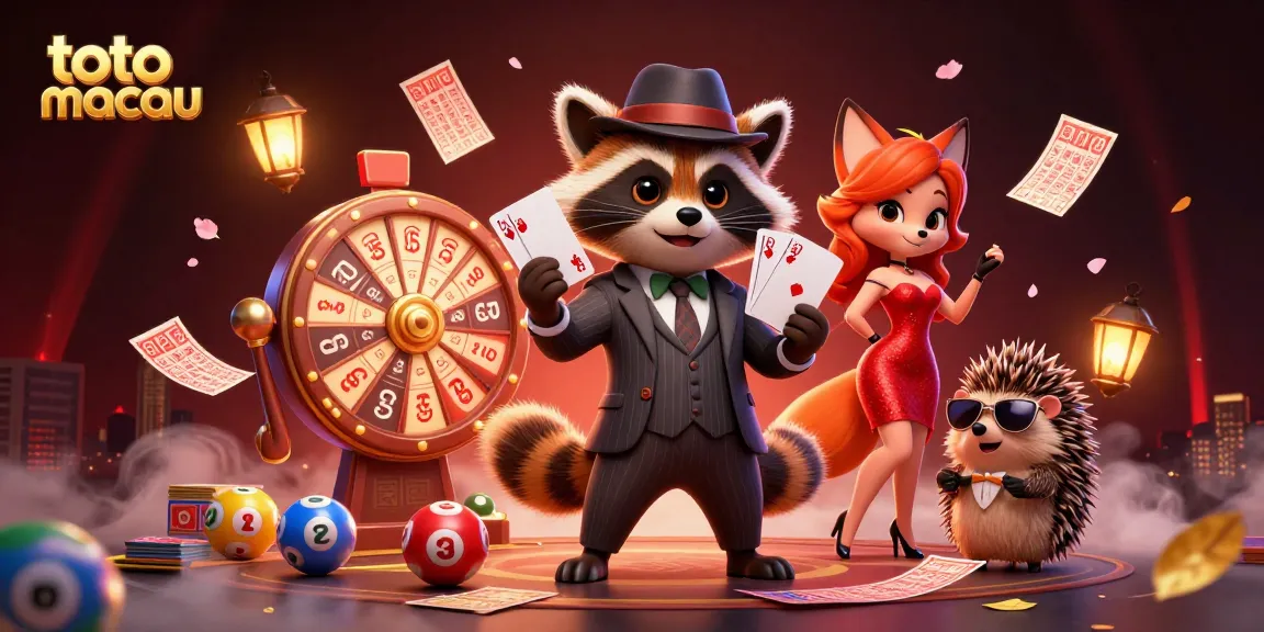 Memeriksa hasil undian toto macau dengan karakter beruang rakun dan teman-temannya yang penuh warna.