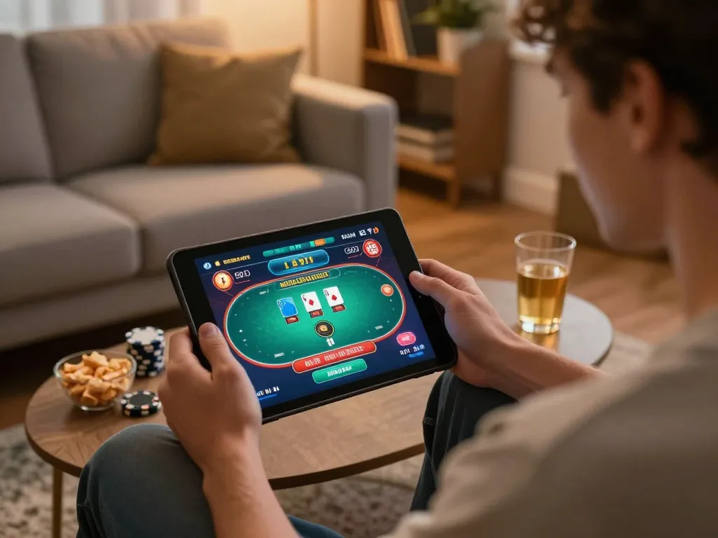 Player enjoying casino senza registrazione on a tablet in a cozy home environment, surrounded by snacks and ambient lighting.