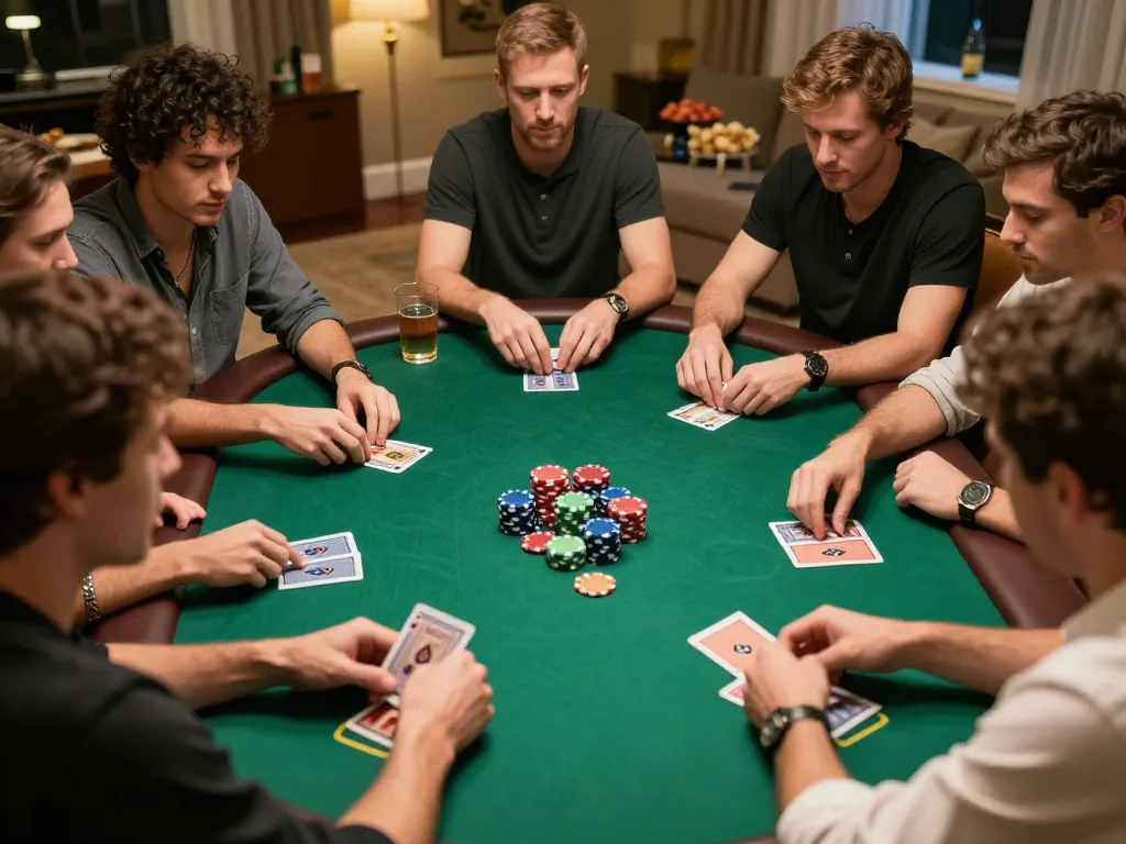 Players engaging in a thrilling poker game at home, demonstrating the excitement of casino senza licenza aams.