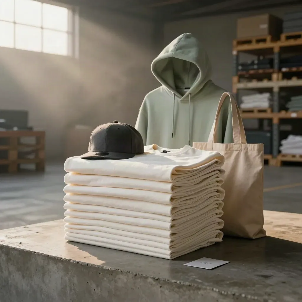 Heavyweight blank tee stack with hoodie, snapback and tote on a misty concrete plinth.