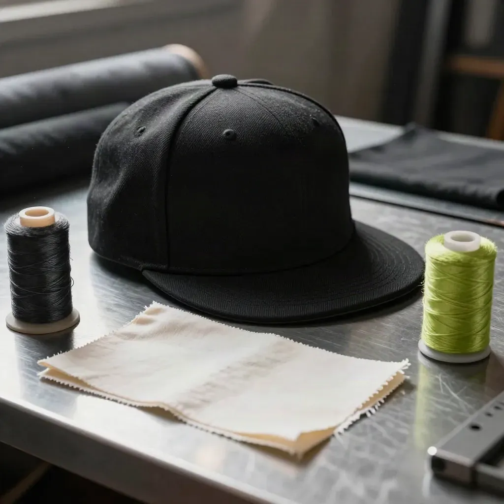 Black snapback hat with embroidery spools and fabric swatches on a pewter workbench.