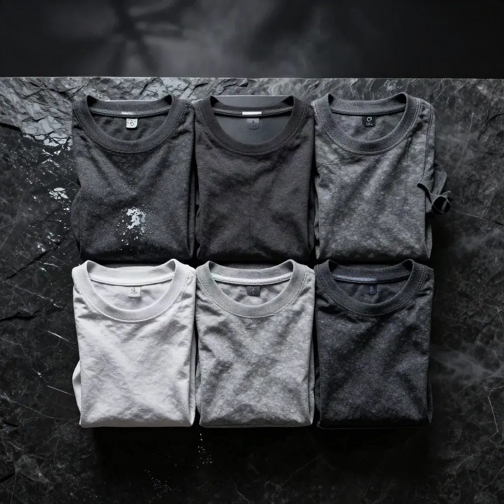 Overhead flatlay of a 12-pack heavyweight tee bundle on wet black stone with cool vapor.