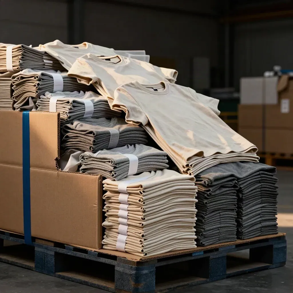 Folded blank tee bundles bursting from cartons on a dark warehouse pallet.