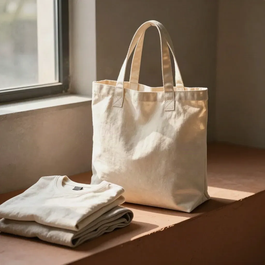 Canvas tote beside folded blanks and a rolled sweatshirt in soft warehouse light.