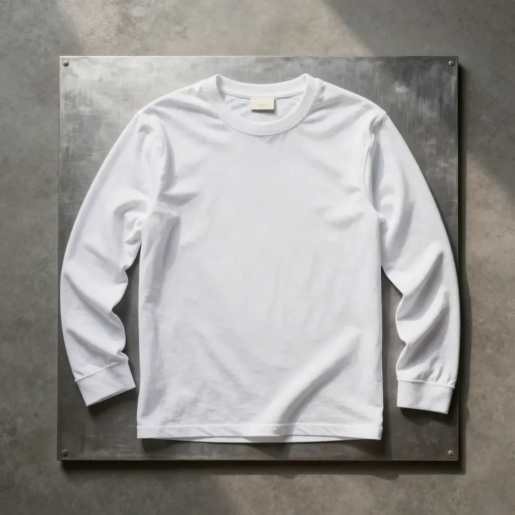 Overhead flatlay of a stone-white long sleeve tee on brushed metal with cool haze.