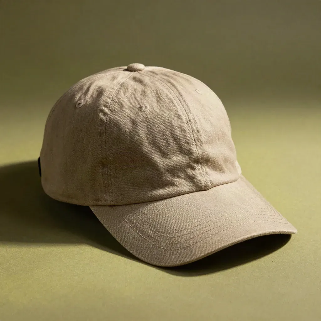 Slate dad hat with tee hem and tote handle on olive canvas, low-angle macro