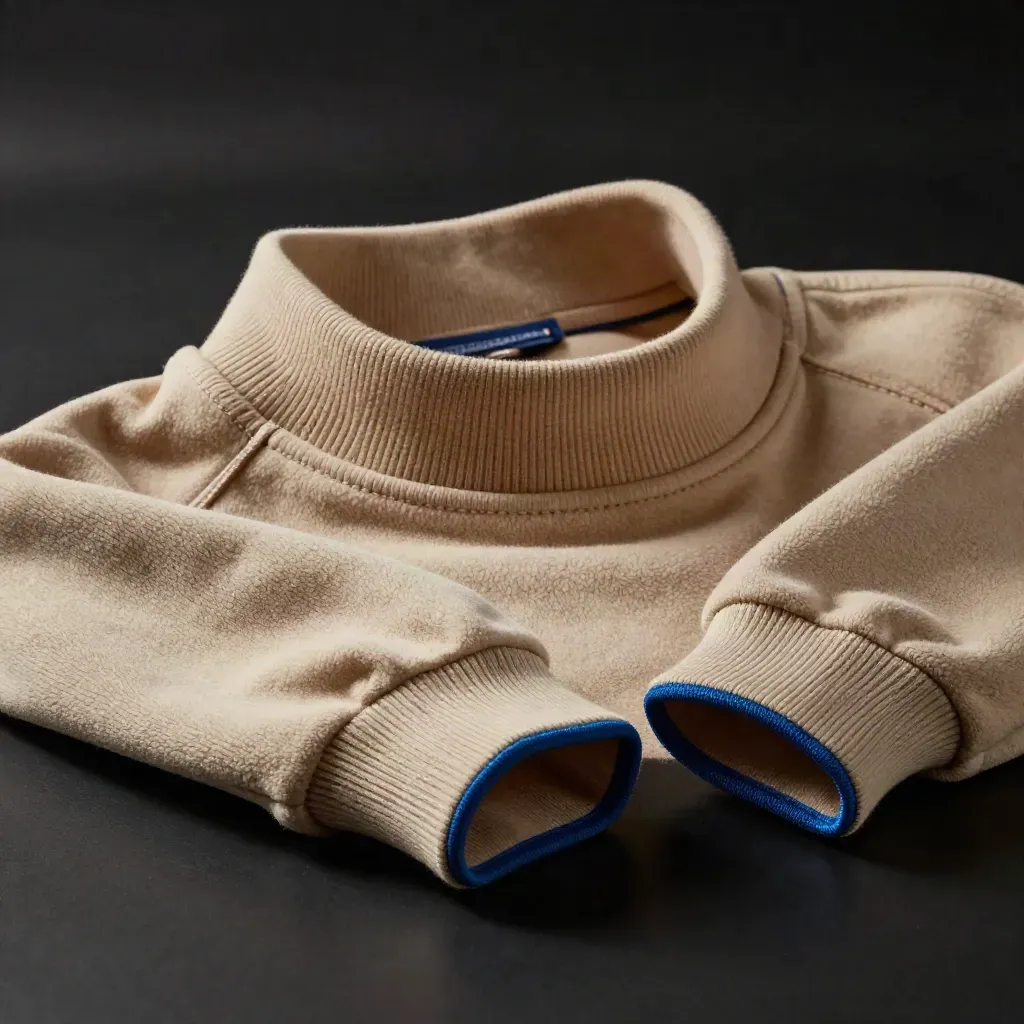 Sand fleece kids crewneck sweatshirt in dramatic macro on matte-black surface with cobalt rim light