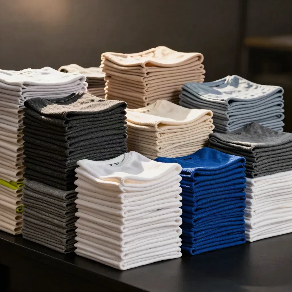 Folded tee bundles burst from wholesale cartons in a dark studio with cobalt accent light.
