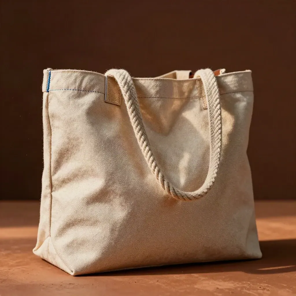 Macro canvas tote weave, rope handle and folded tee on terracotta clay with cobalt accent.