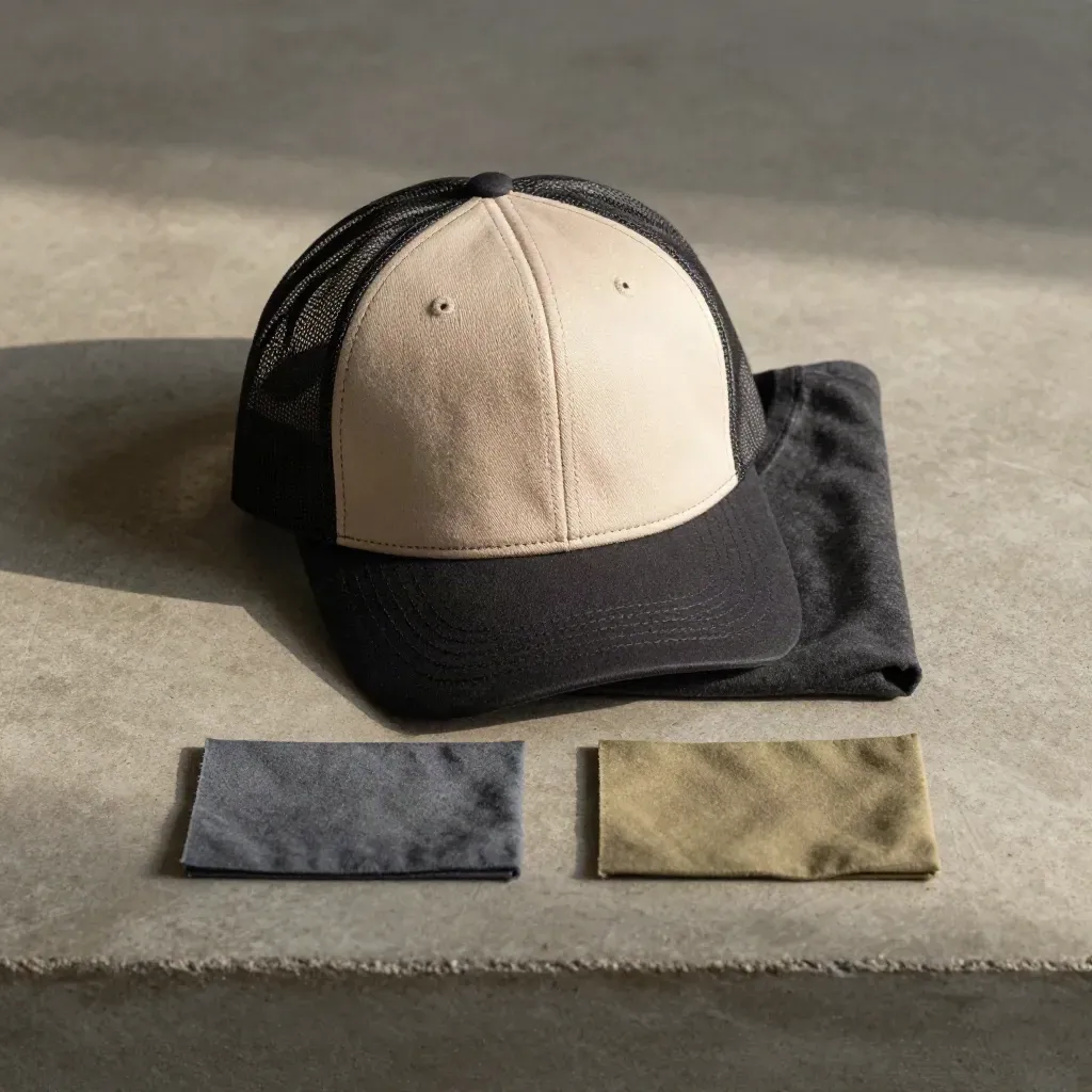 Overhead flatlay of a black-and-stone trucker hat with folded tee and fabric swatches on concrete.
