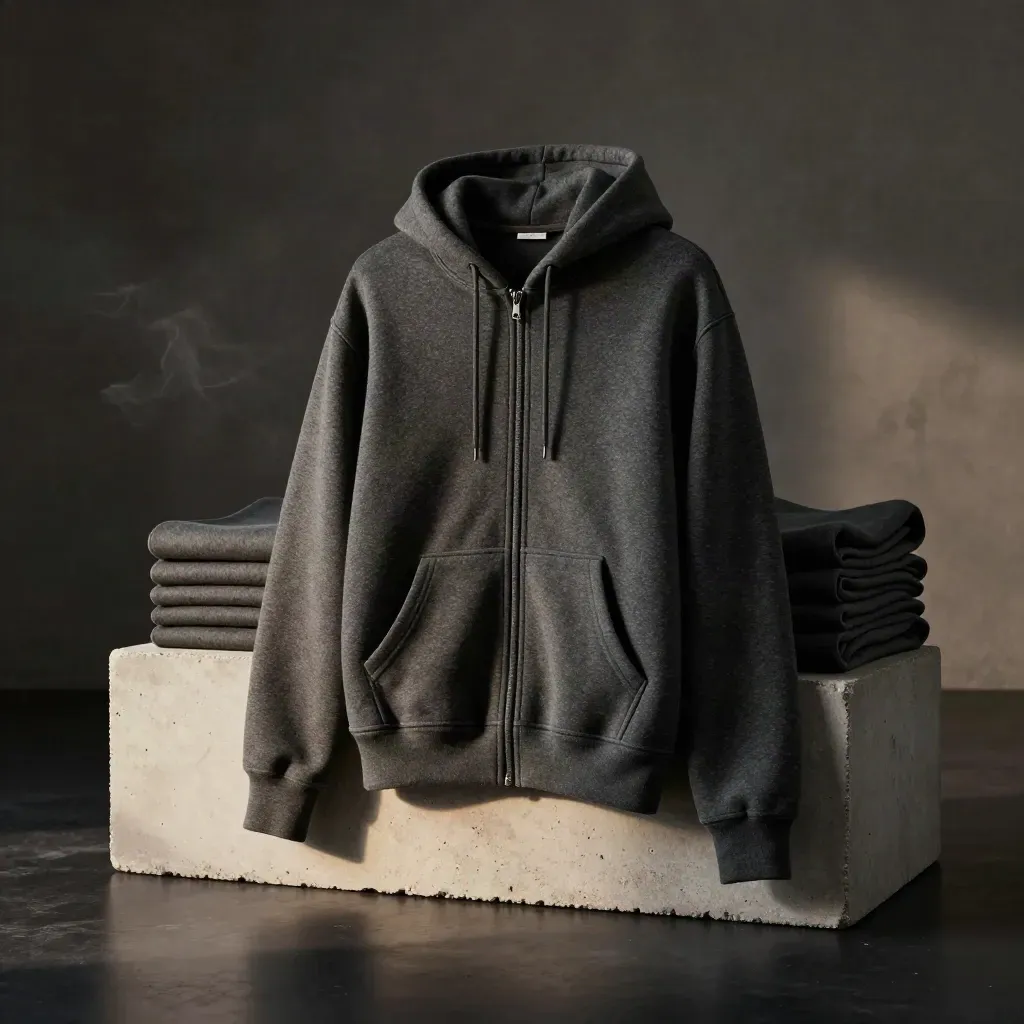 Charcoal fleece zip hoodie hanging over a concrete block in a dark studio