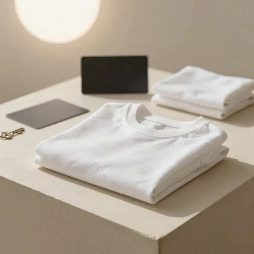 Folded white kids tee on an ivory plinth with a blurred charcoal card behind.
