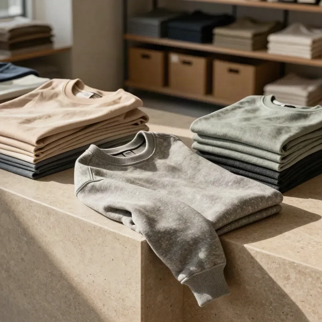 Slate crewneck sweatshirt draped on a travertine block in a hazy garment studio with folded blanks behind.