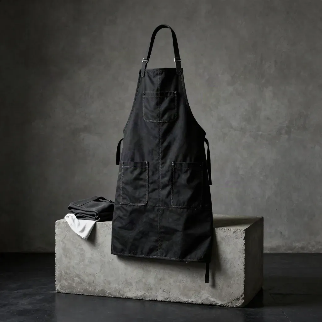 Black canvas apron on concrete plinth with tote and tee in a dark studio