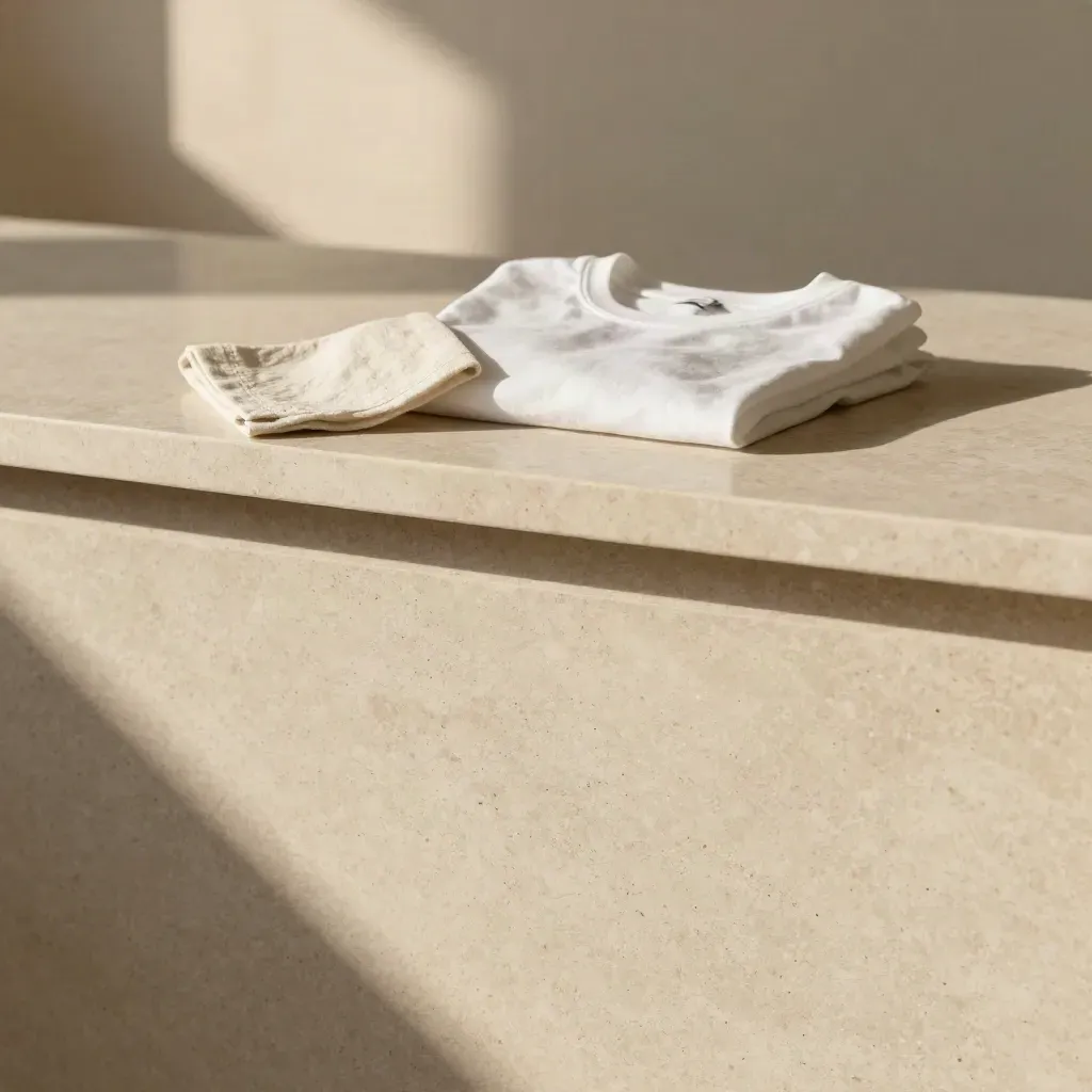 Travertine worktop with folded blank tees and cotton swatch in warm light.