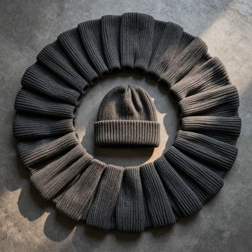 Overhead ring of charcoal ribbed beanies around one rolled center beanie on graphite concrete.