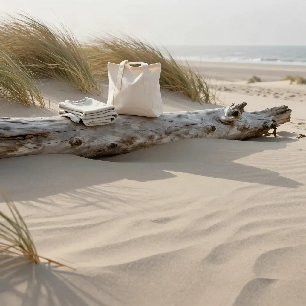 Dune grass, driftwood, a tote, and a folded kids sweatshirt above calm misty sand.