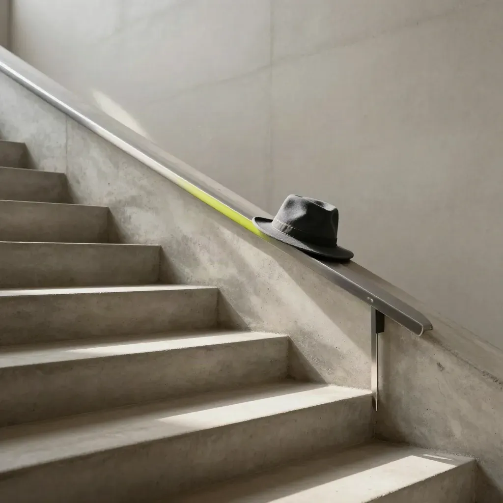 Sunlit concrete stairwell with a cap rail, folded hat, and quiet copy space