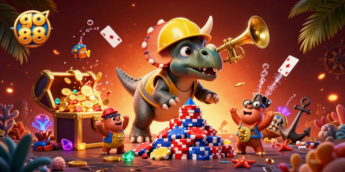 Experience the thrill of go 88 with a vibrant casino scene featuring dinosaurs building poker chip towers.
