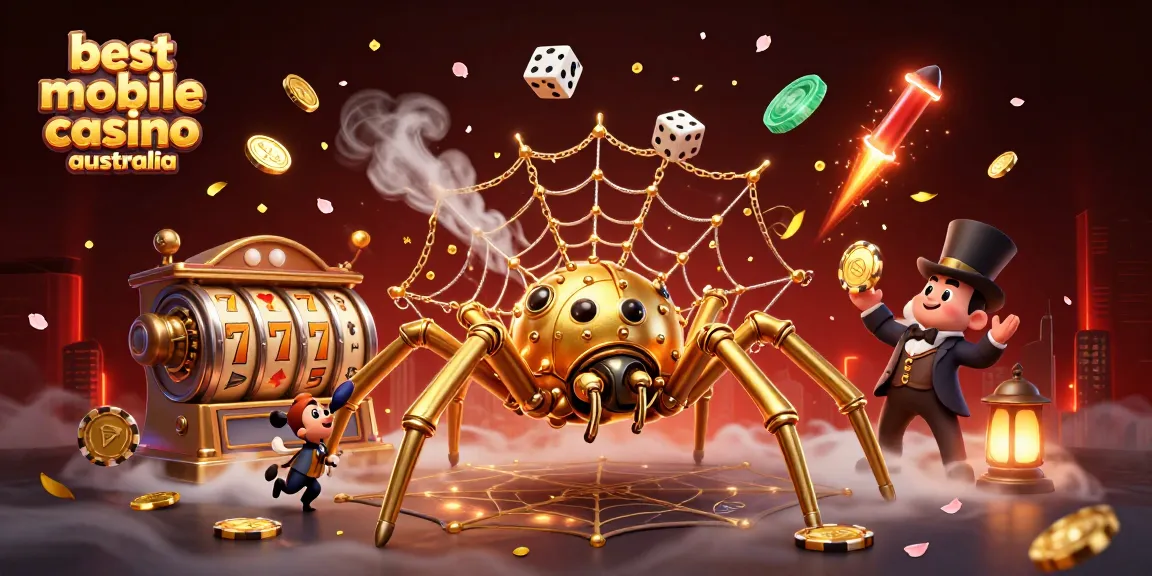 Experience the best mobile casino Australia with a vibrant steampunk scene filled with animated characters and gaming symbols.