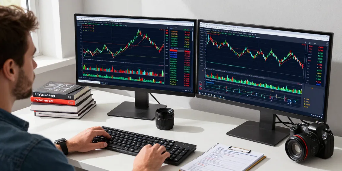 Trader analyzing Forex charts on mt4 platform in a bright office.