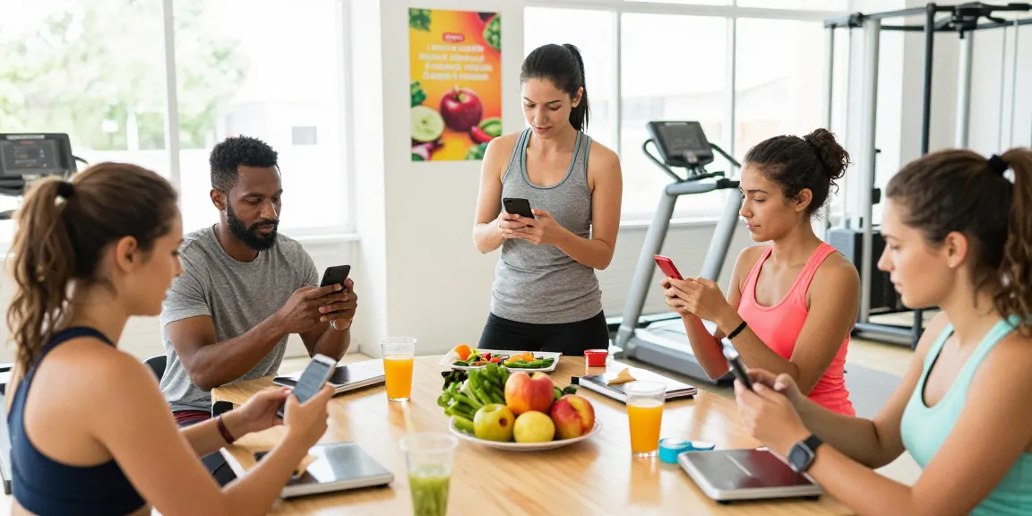 Group session on the best calorie tracker app in an energetic fitness studio.