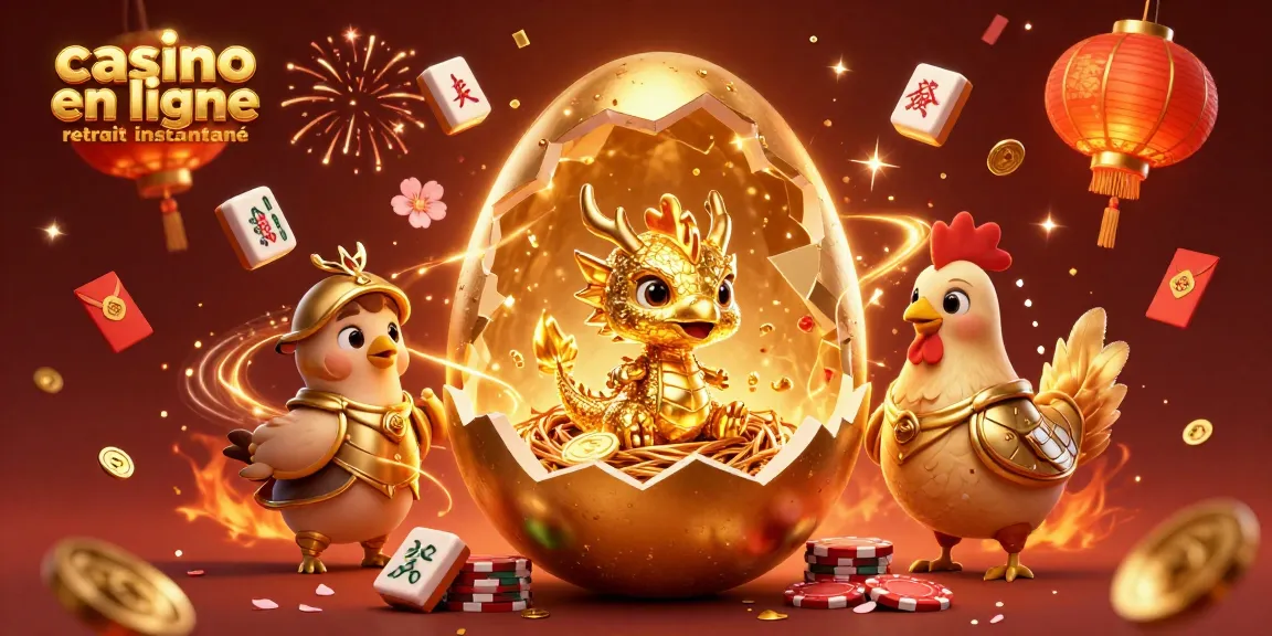 Illustration dynamique de casino en ligne retrait instantané avec dragon doré et éléments de jeu.