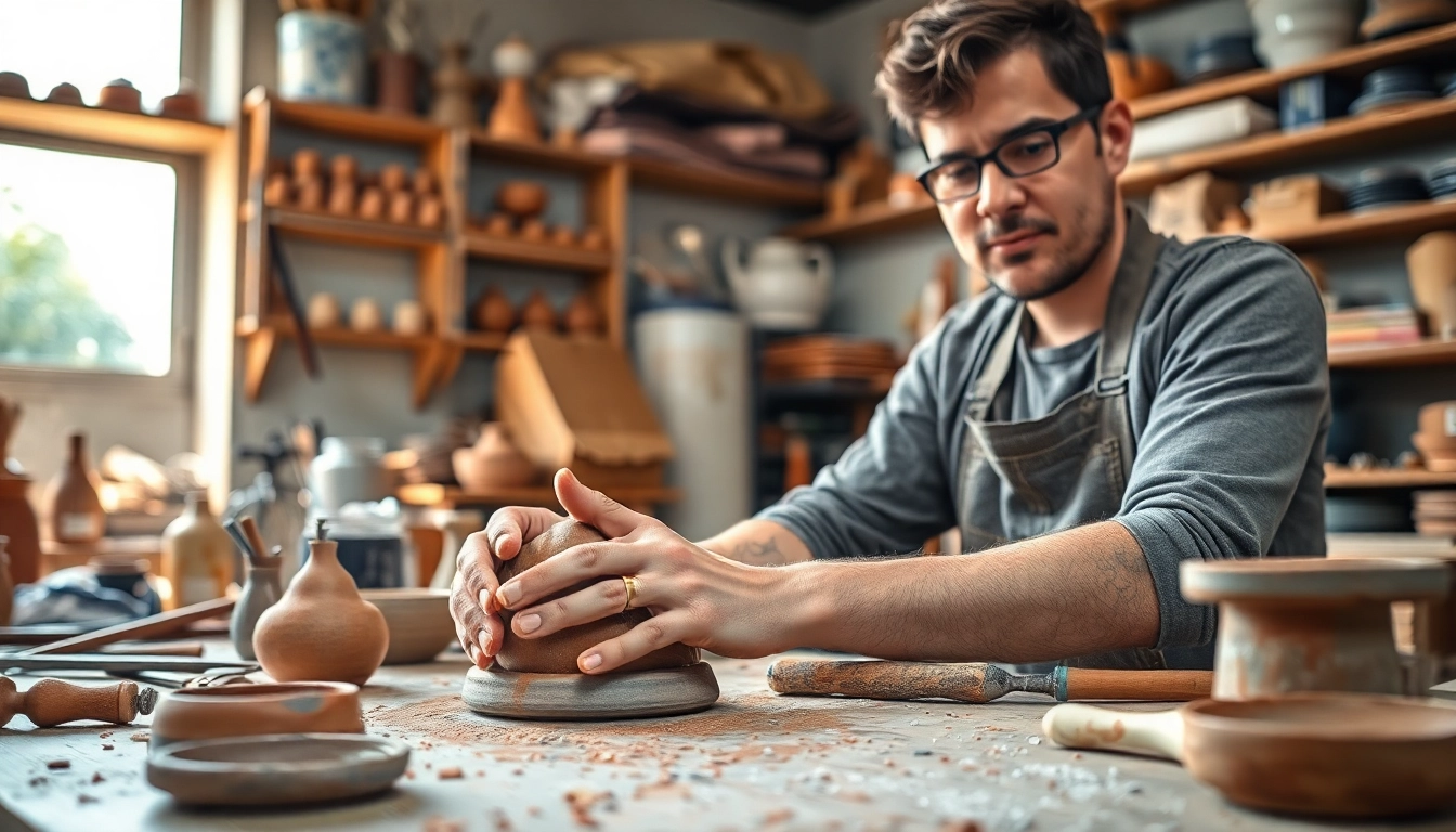 Artisan engaged in craft training, skillfully shaping clay at a well-lit workbench.