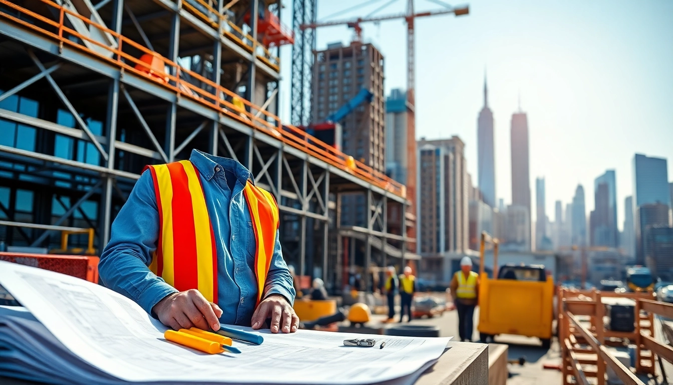 Engaged Manhattan Construction Manager directing a busy construction site with blueprints and tools.
