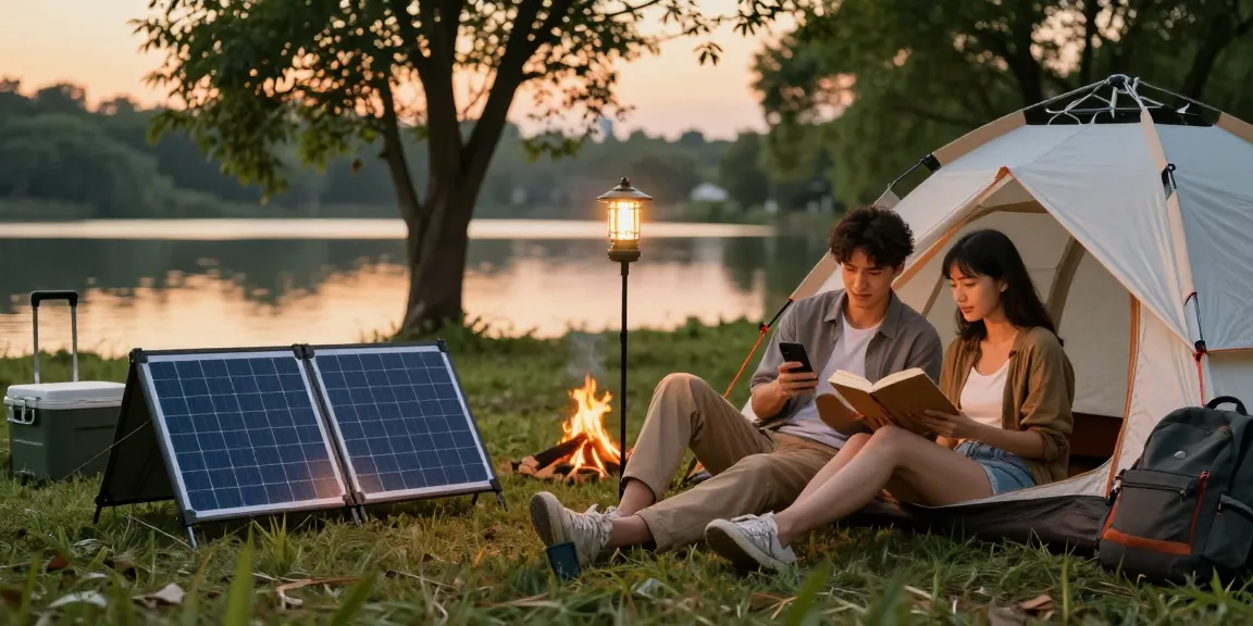 Couple using a Foldable Solar Panel while camping, with a solar-powered lantern illuminating their tent.