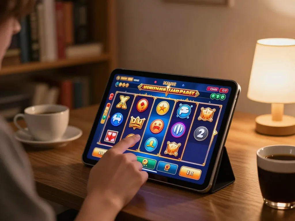 Engaging in slot thailand online gaming on a tablet in a cozy home setting.