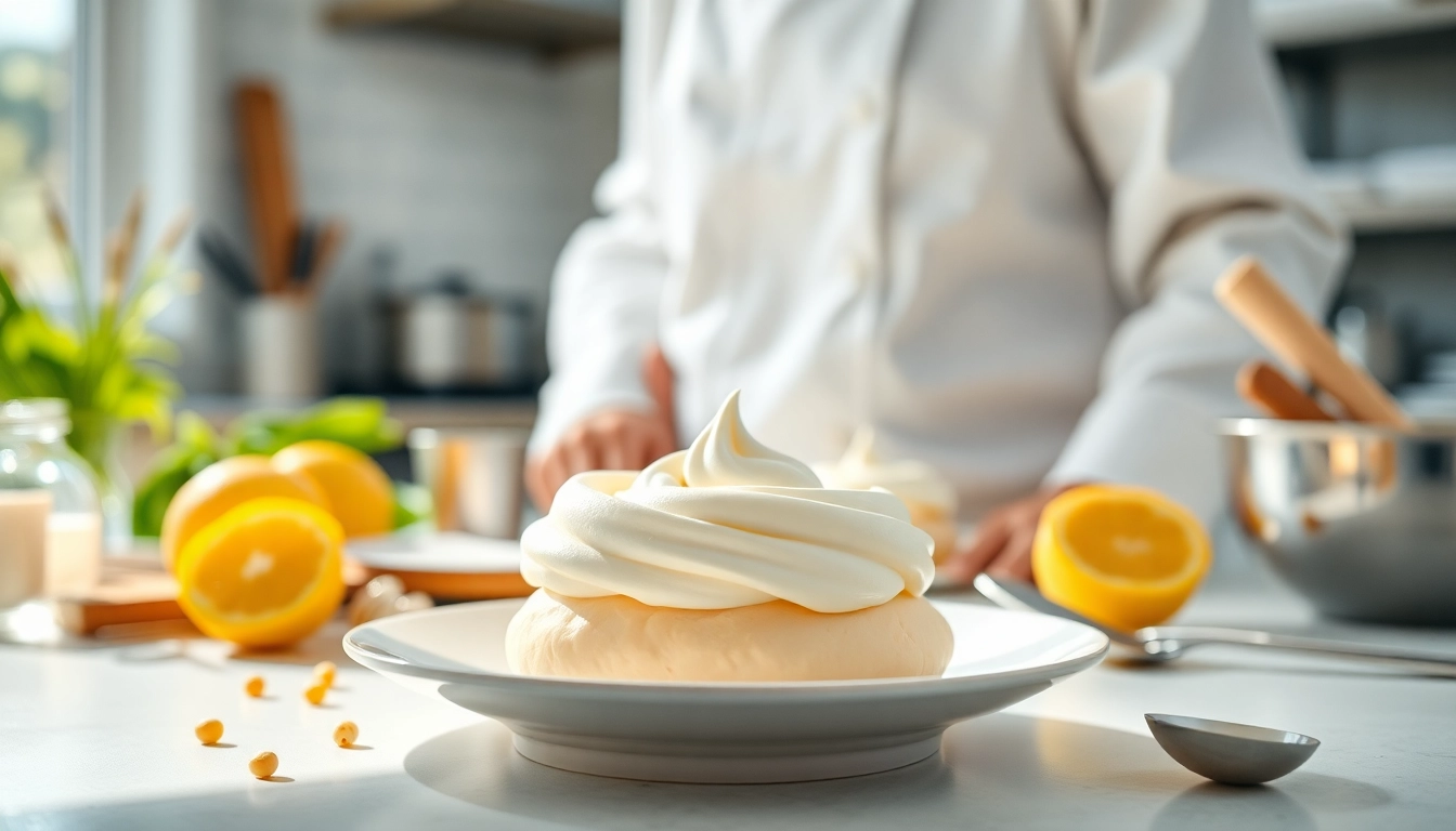 Bereid mousseline crème en presenteer het elegant op een dessertschotel.