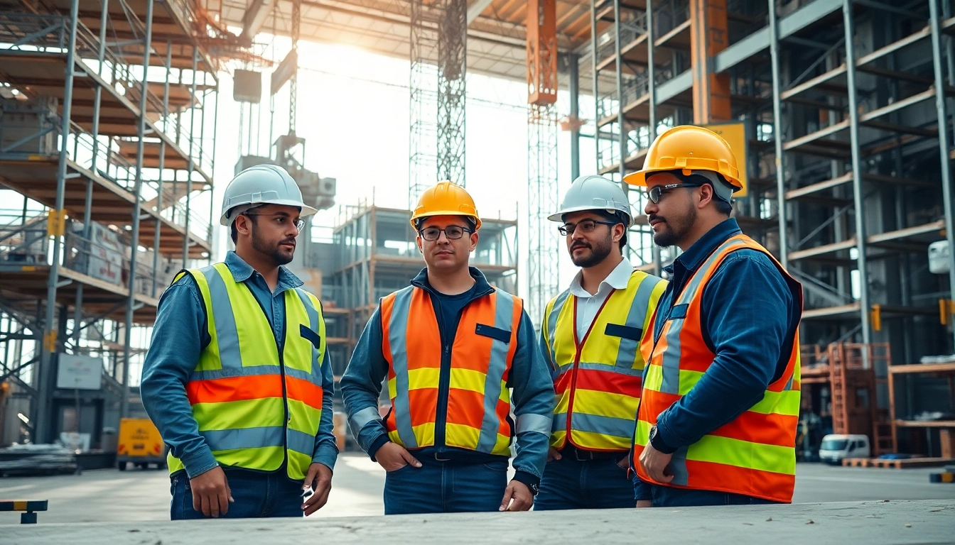 Showcasing construction labor compliance with workers in safety gear on site.