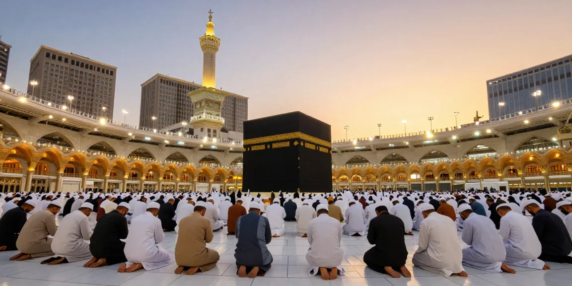 An inspiring scene of Umroh Ramadhan pilgrimage at Mecca with diverse travelers enjoying a spiritual experience, ideal for travel guide and tourism booking.